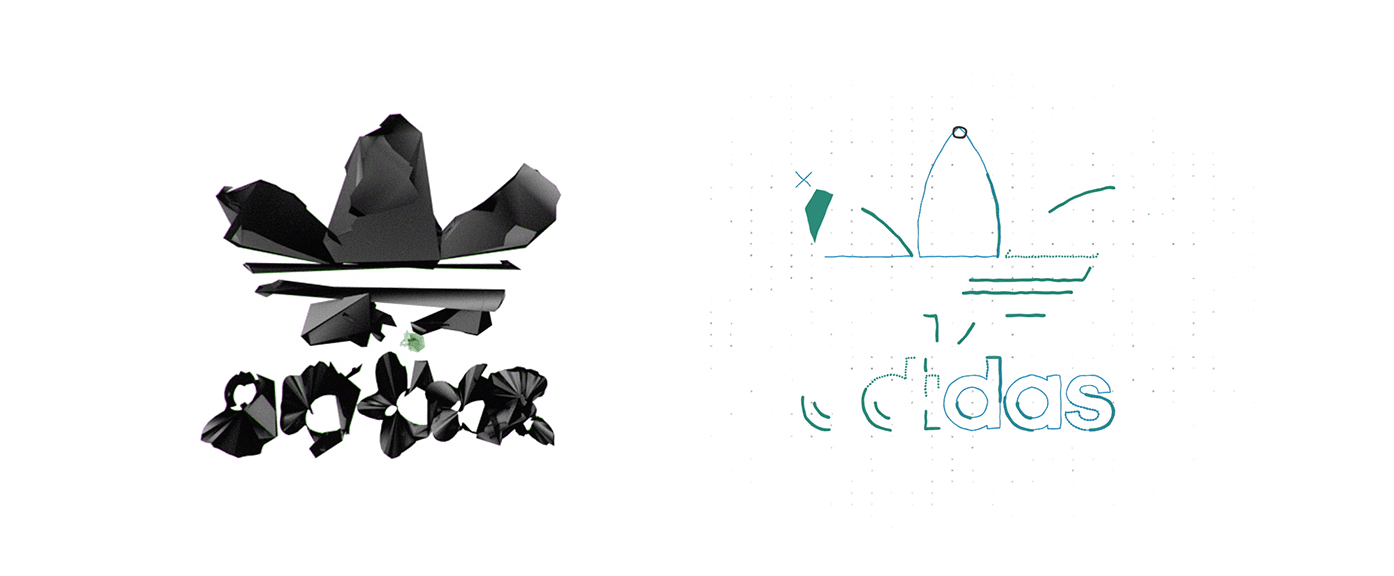 Side-by-side render of a folded black origami-style adidas trefoil sculpture and a green-and-white line-art sketch of the adidas trefoil logo.