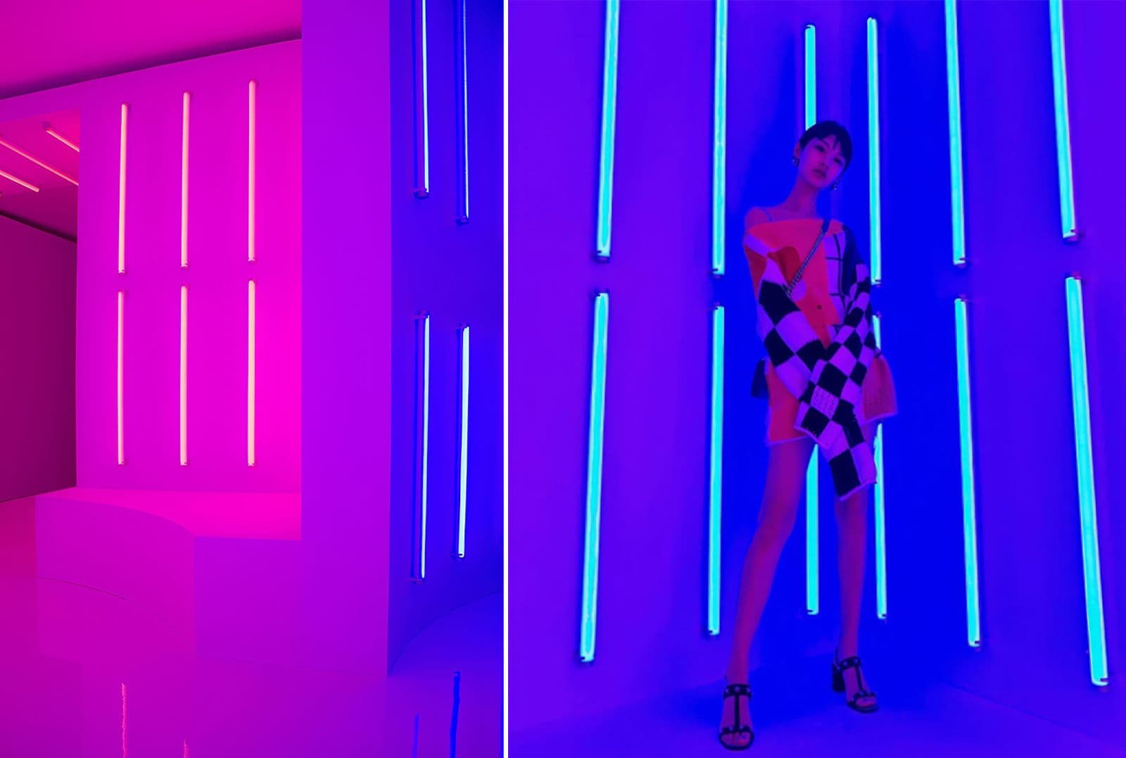 Person in a checkered outfit posing against blue and cyan neon light bars.