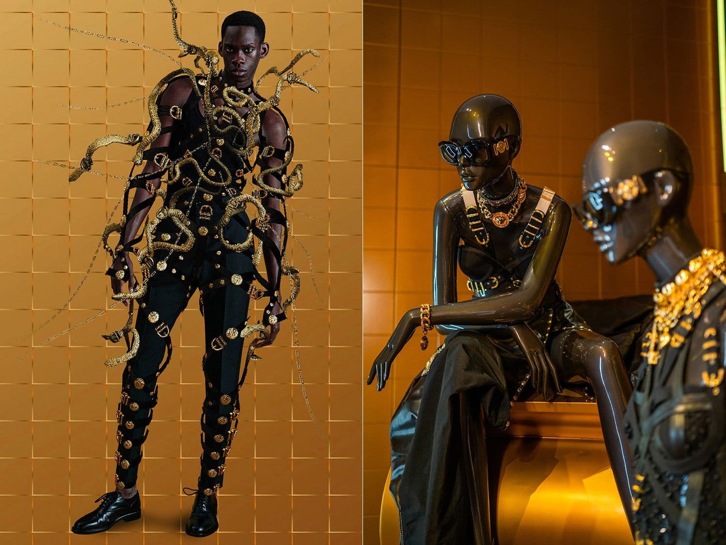 Split image of a man in a black-and-gold ornamented outfit with chain details, and two mannequins wearing the same look.