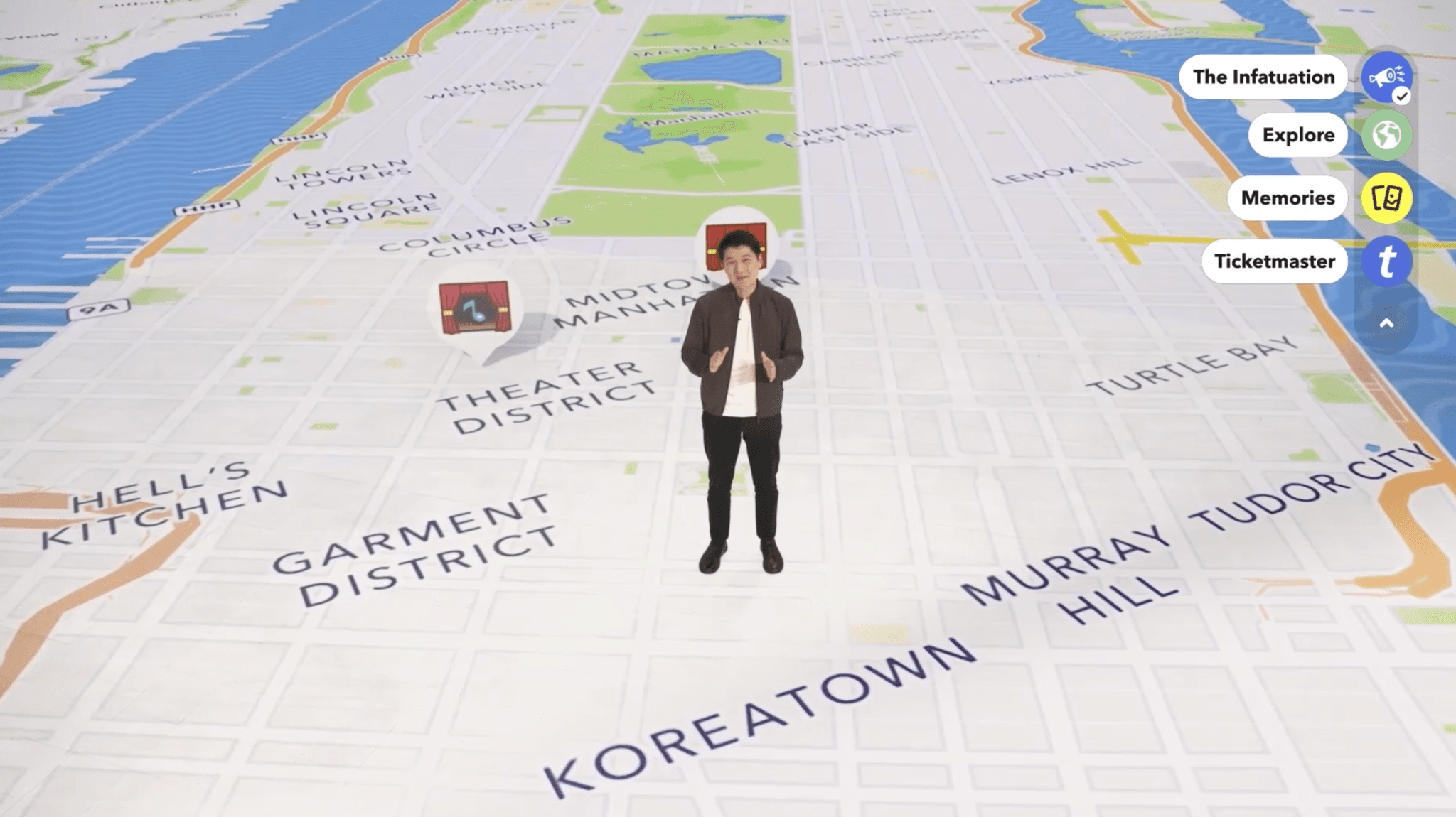 City map graphic showing a walking figure and labeled neighborhoods.