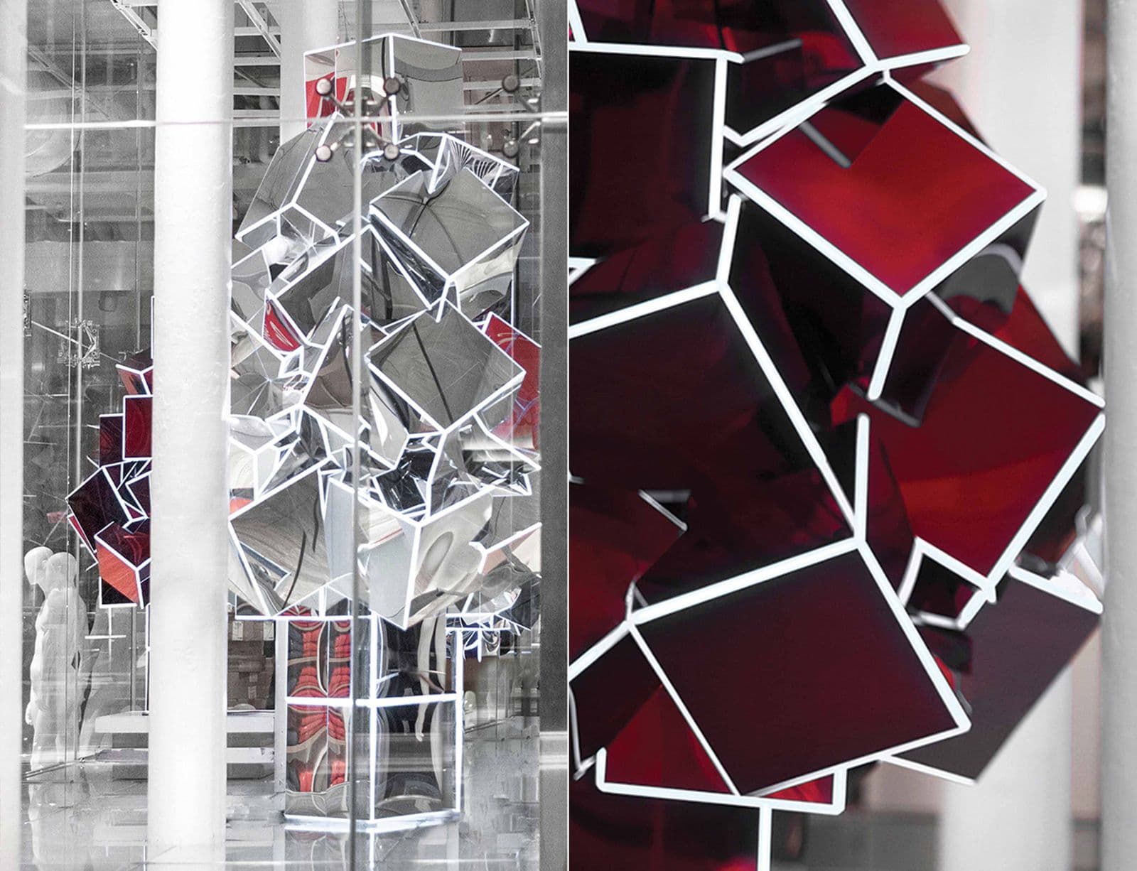 Split image of a faceted mirrored sculpture between store columns paired with a close-up of angular dark red glass panels catching light.