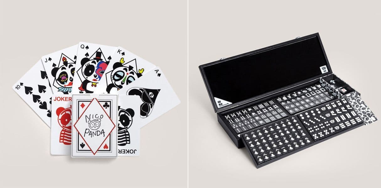 Split image of a deck of playing cards with a panda-print back next to a laptop covered in a panda-print keyboard skin.