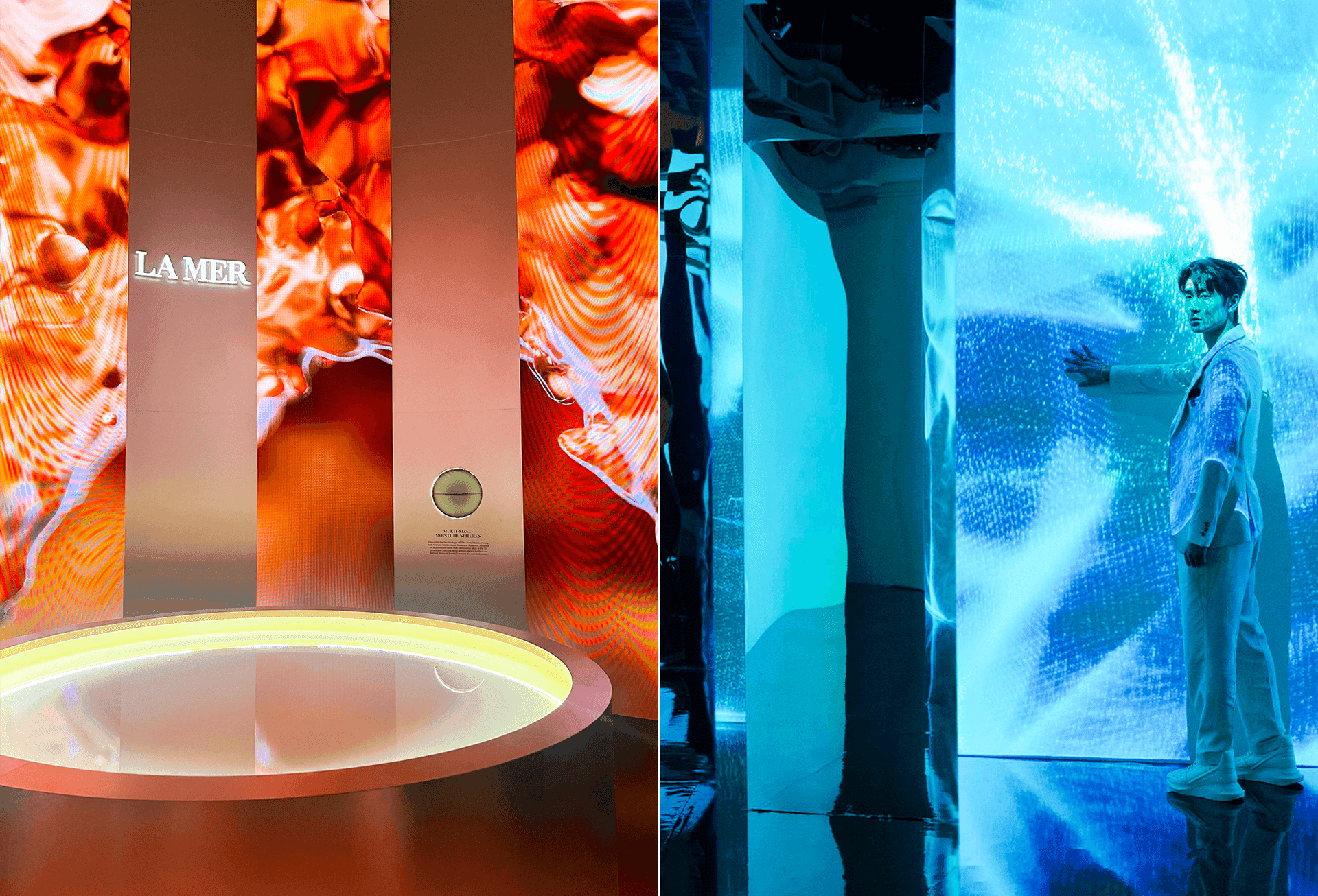 Striped red display columns beside a blue-lit human silhouette figure.