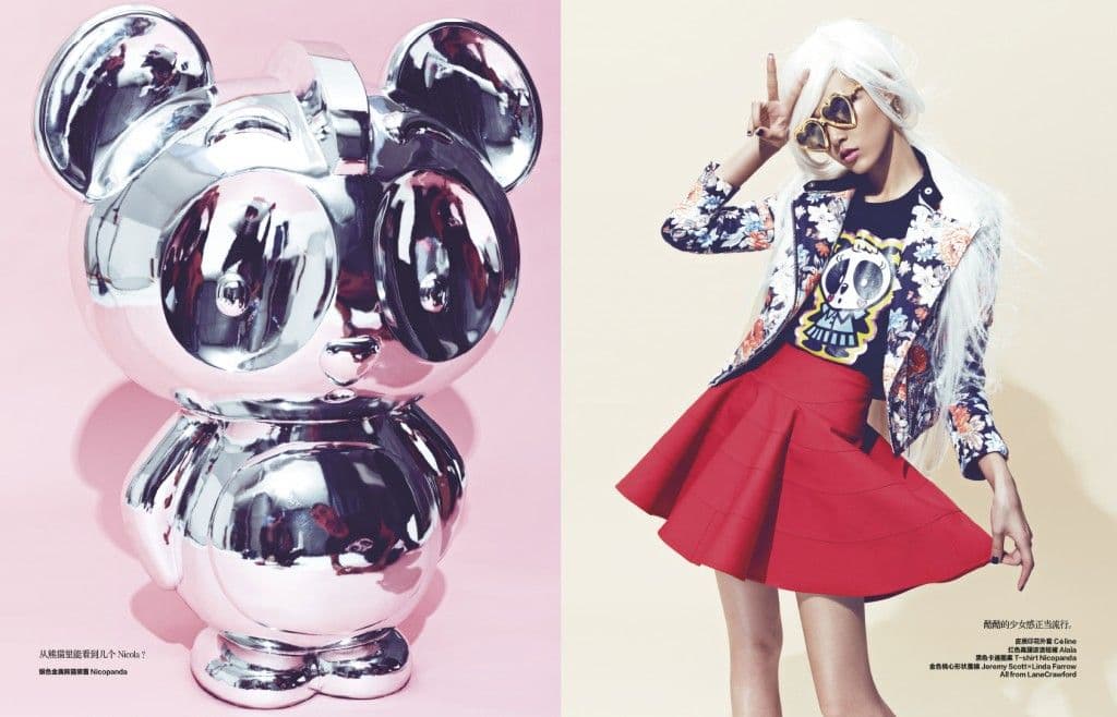 Split image of a chrome panda-ear sculpture next to a fashion editorial photo of a model in a pink skirt and white jacket.