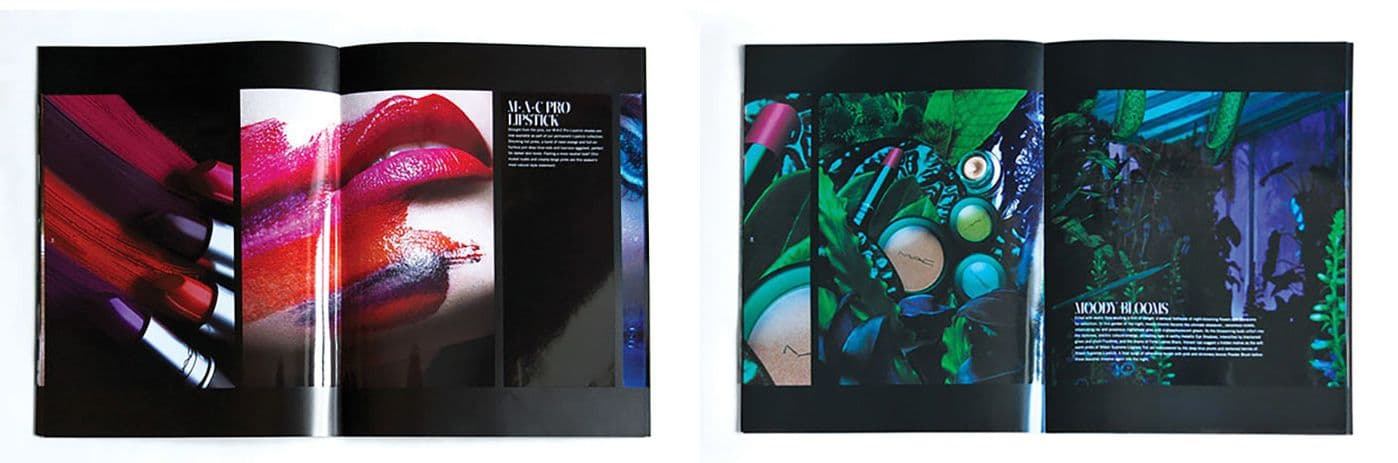 Two black-background catalog spreads: one titled MAC Pro Lipstick with close-up shots of lips and lipstick application, the other titled Moody Blooms with a dark green botanical and makeup product still life.