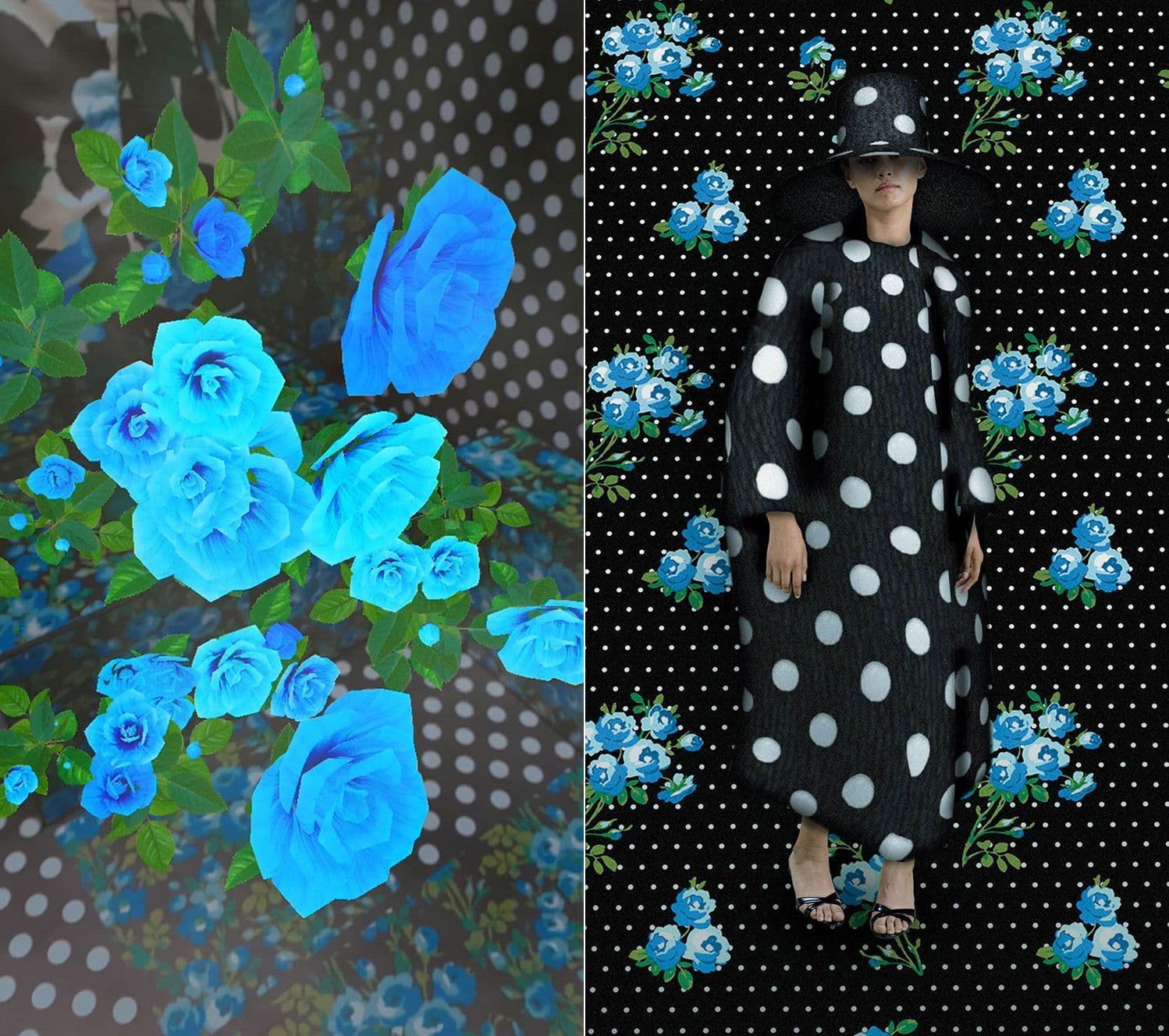 Split image of a cobalt rose floral pattern and a model wearing a black polka-dot dress with a wide-brimmed hat.
