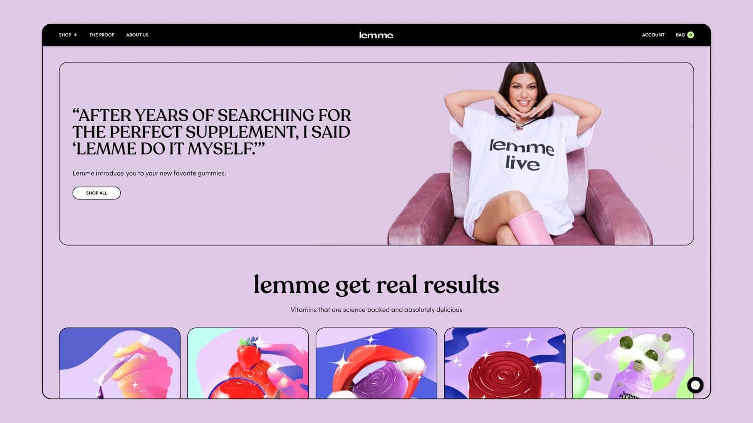 Website screenshot with a customer testimonial quote and a "lemme get real results" heading.