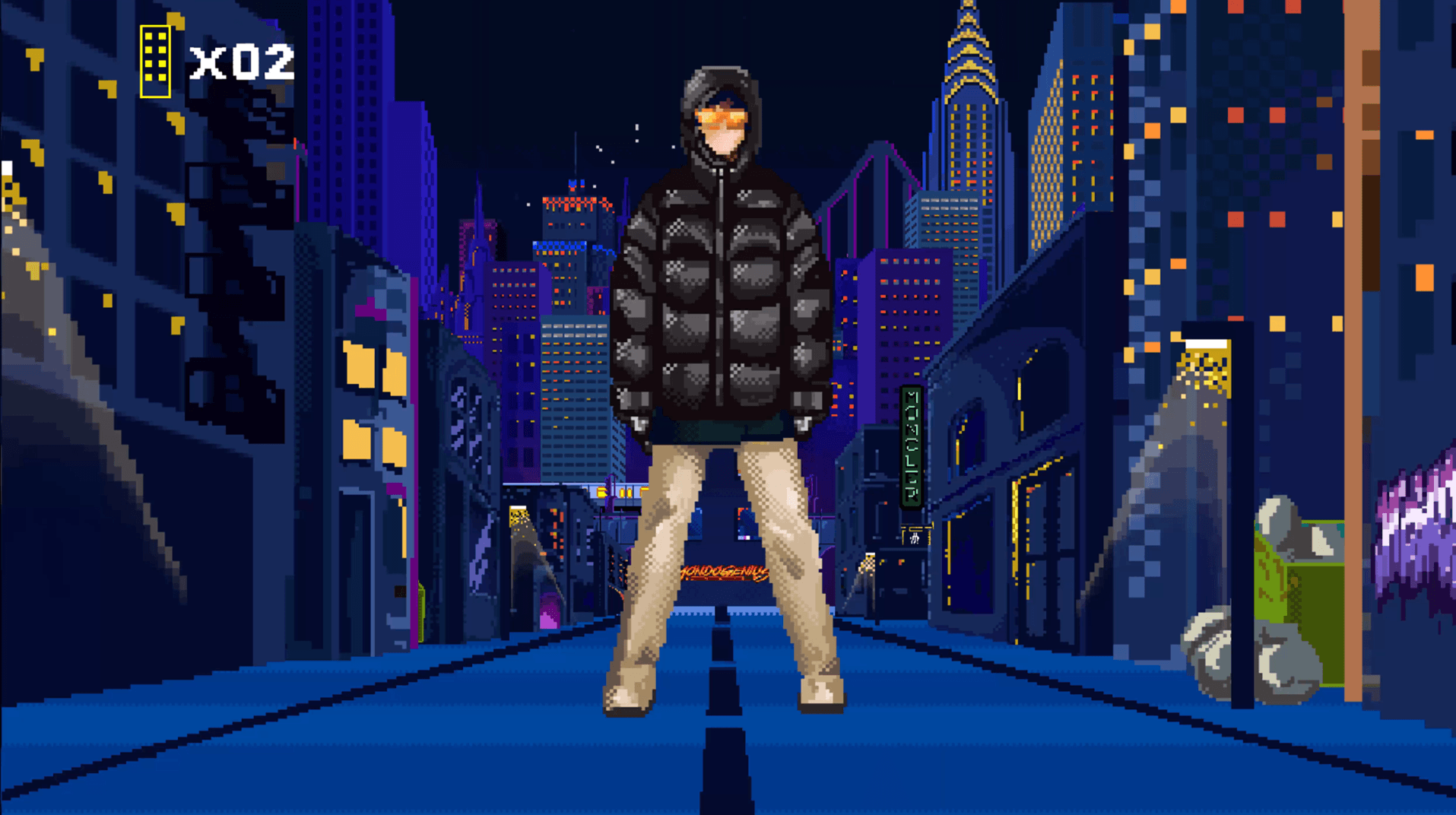 Pixel-art figure in a black puffer jacket walking down a blue-lit New York street in a retro video game scene.