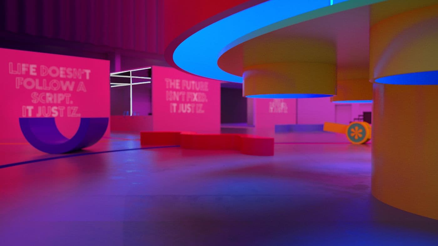 Pink corridor with wall text reading "IDENTITY ISN'T DEFINED, IT'S JUST IZ" and a neon blue door frame beyond.