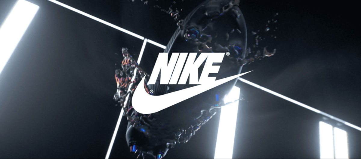 Nike swoosh logo suspended between vertical light beams with a dark liquid splash effect