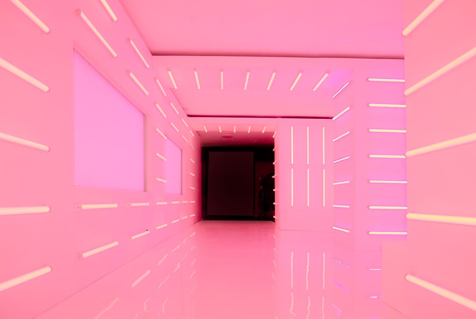 Pink neon corridor, walls of glowing tubes converging on a dark doorway, reflected on a glossy everything.