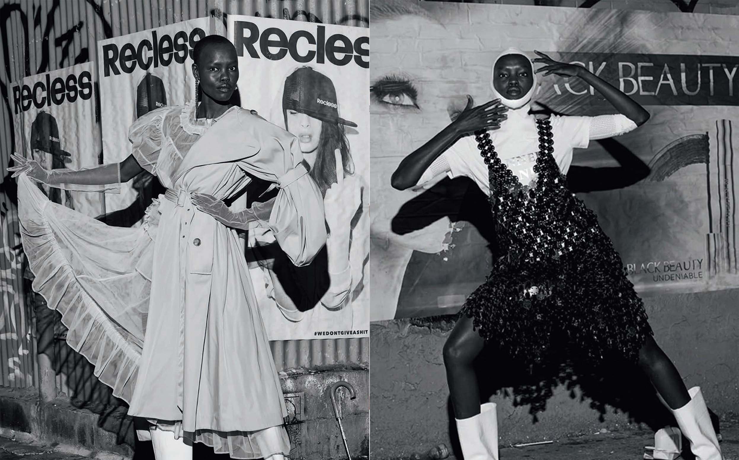 Black-and-white editorial diptych: a model in an oversized trench coat with sheer layered skirt poses arms outstretched in front of "Recless" posters, beside a model in a black beaded chainmail-style dress and white boots posing in front of a "Black Beauty" mural.