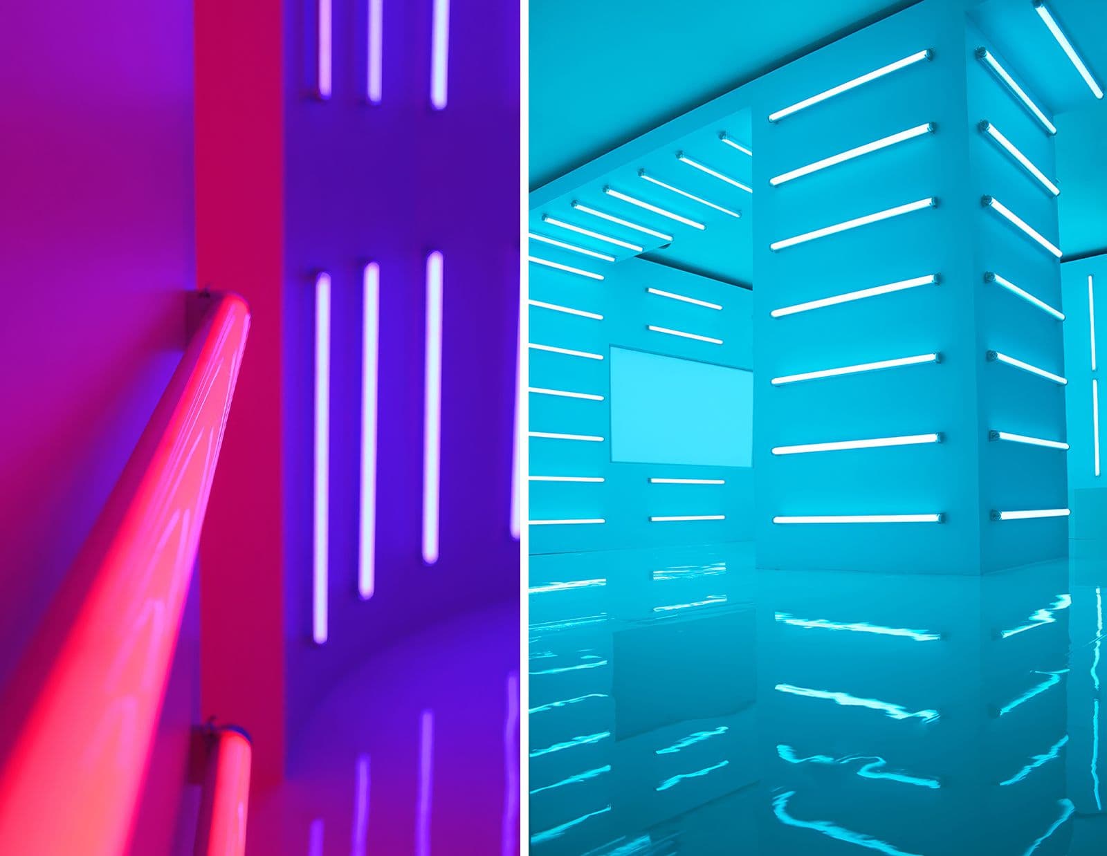 Vibrant purple, red and cyan neon walls, split screen.