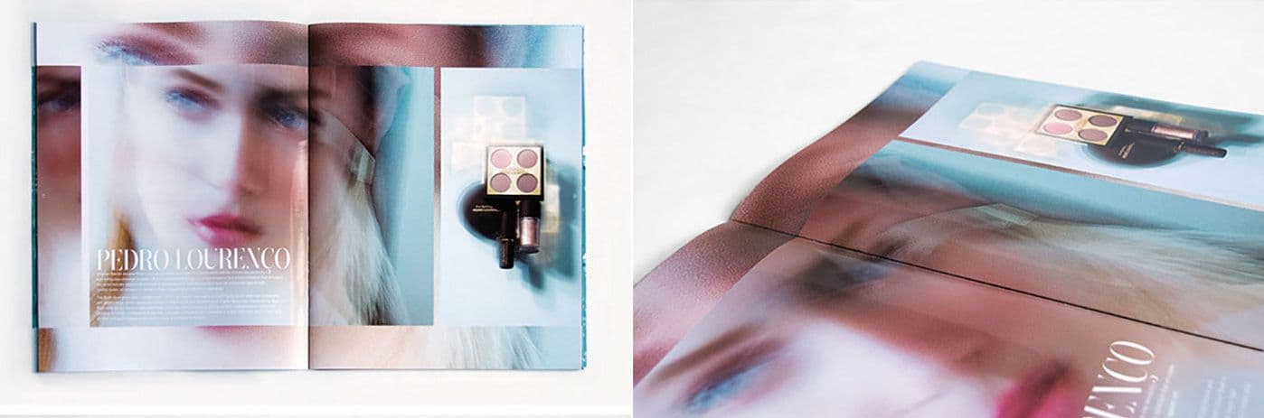 Catalog spread reading Pedro Lourenco with a soft-focus portrait of a blonde model beside an eyeshadow palette and lipstick, shown open and at an angle.