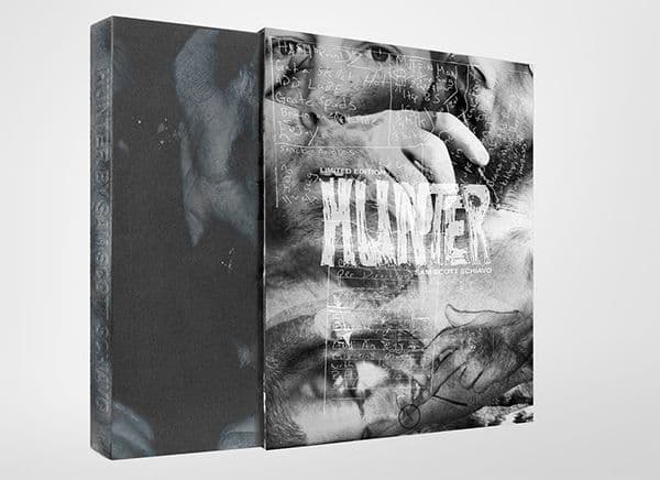 Two hardcover editions of the Hunter book side by side, showing the dust jacket with the title "Hunter" over a smudged monochrome portrait and a plain textured slipcase.