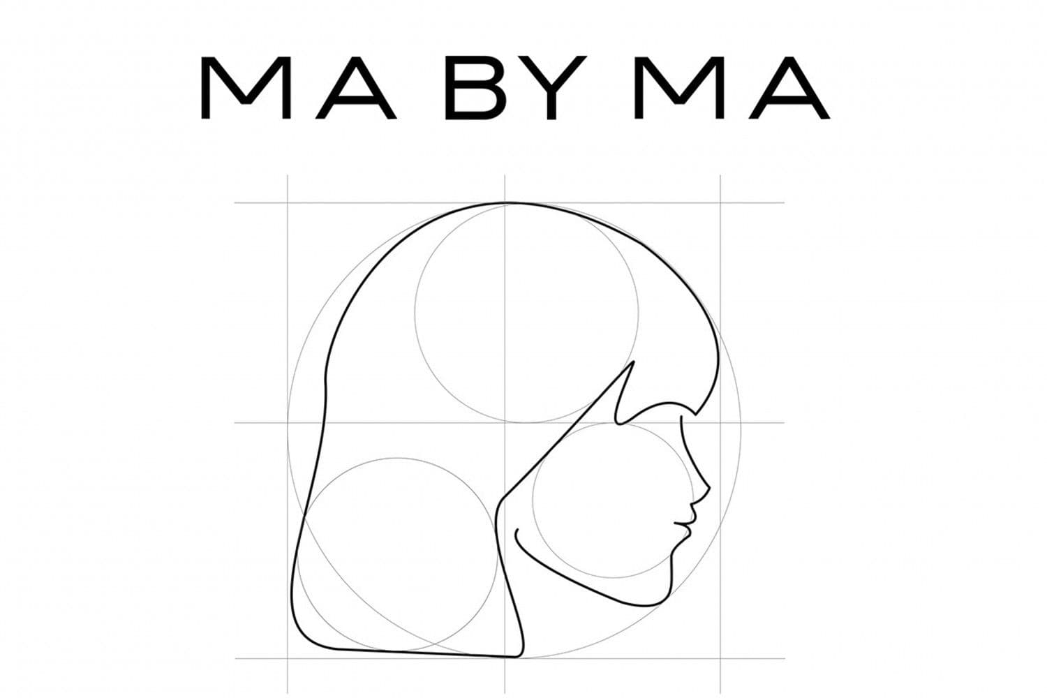 MA BY MA wordmark above a line-drawing logo of a woman's profile and flowing hair overlaid on geometric guide circles.