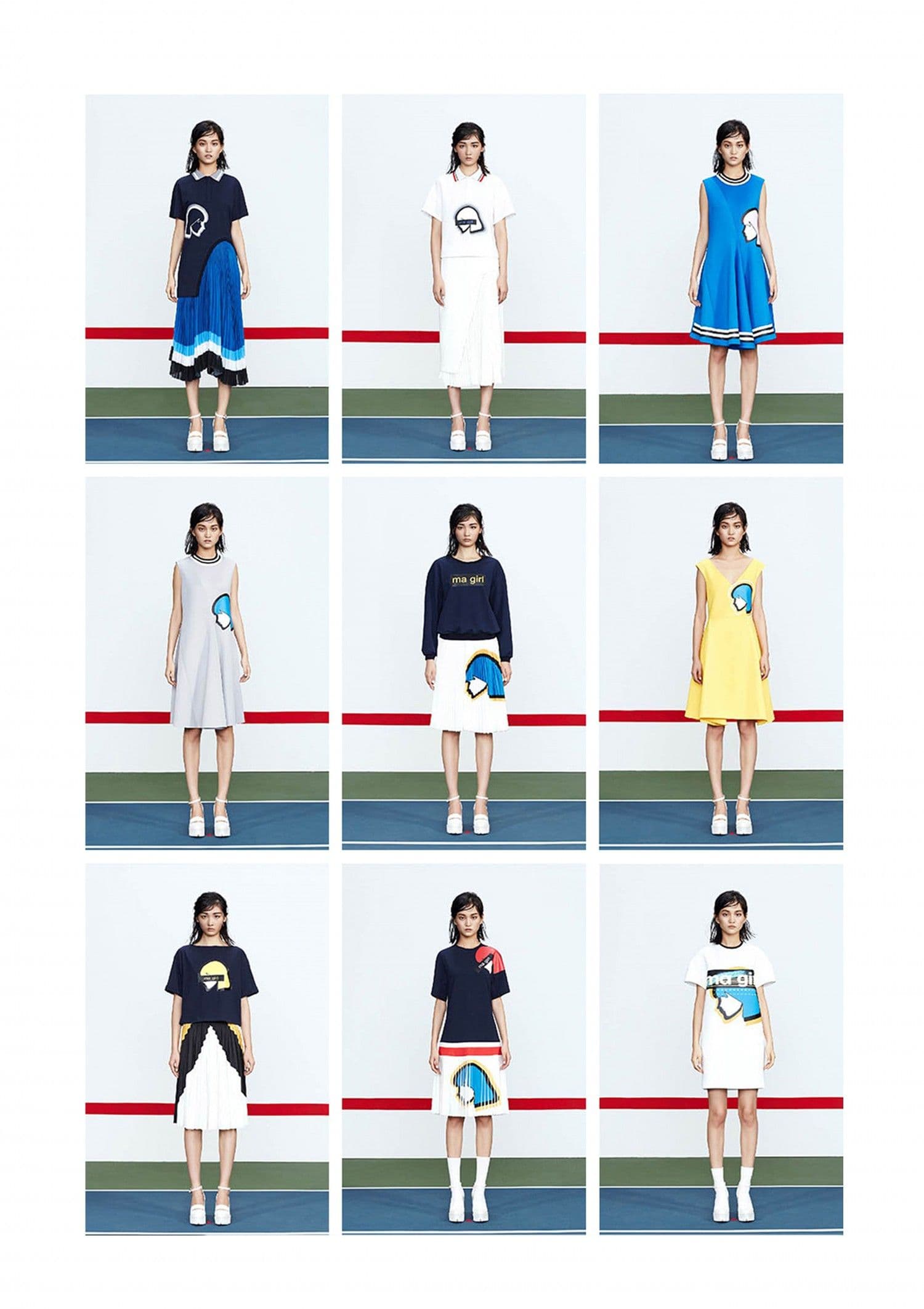 Contact sheet of nine photos of a model on a tennis-court backdrop wearing colorful dresses and tops with cartoon face graphic patches.
