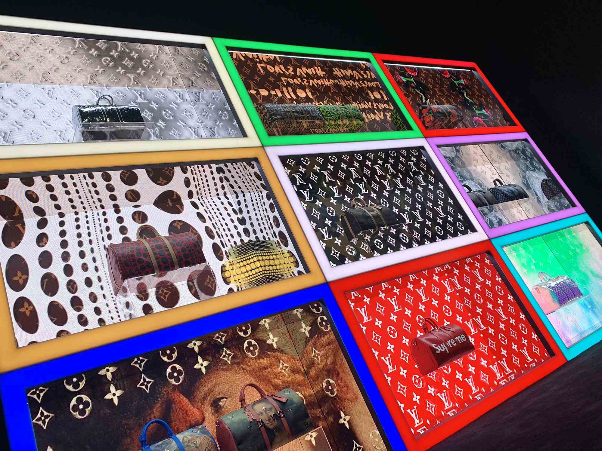 Grid of framed close-up photographs of Louis Vuitton patterns and hardware in colorful borders.