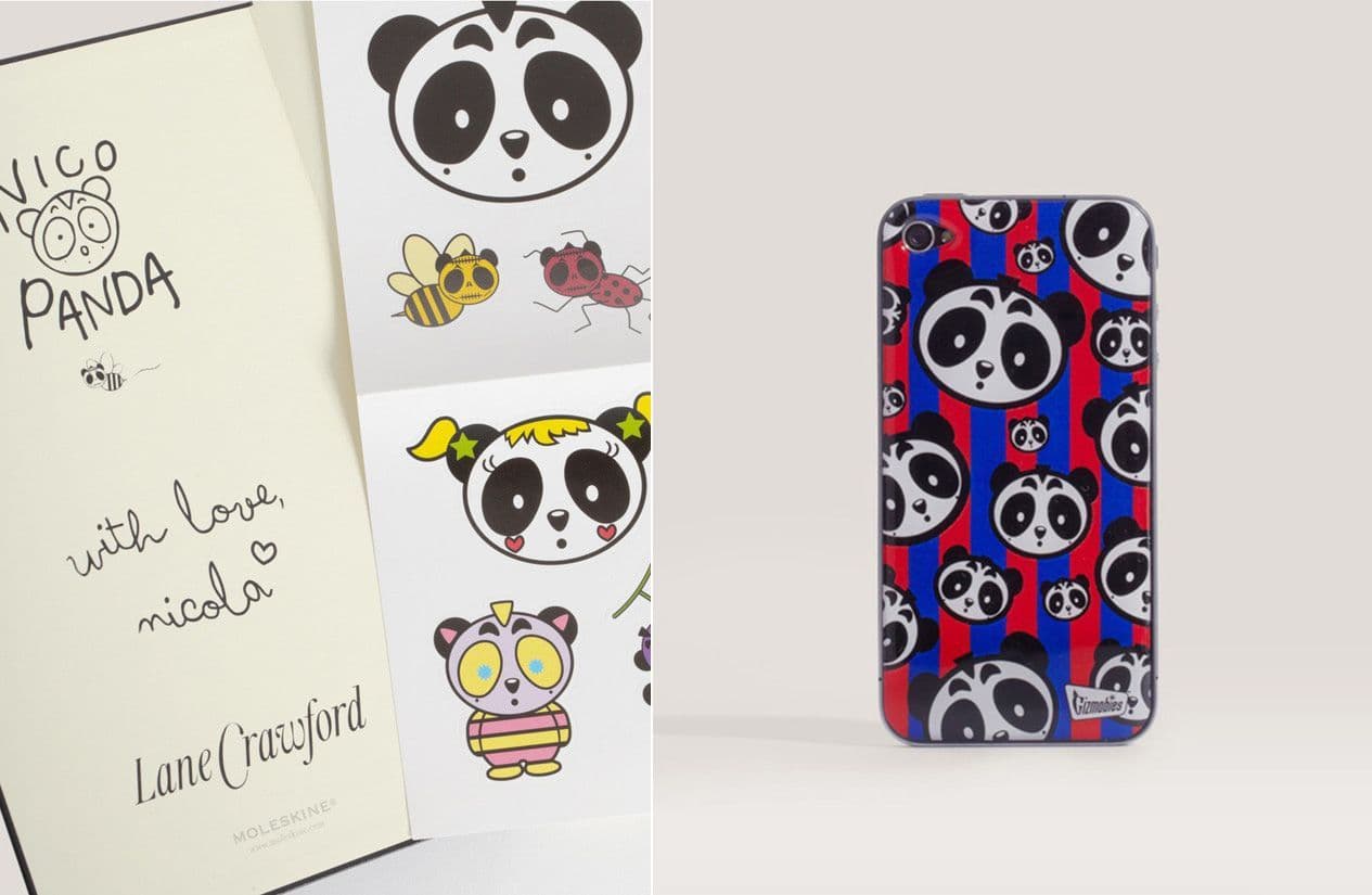 Split image of a handwritten note card decorated with panda stickers next to a smartphone case printed with a panda pattern.