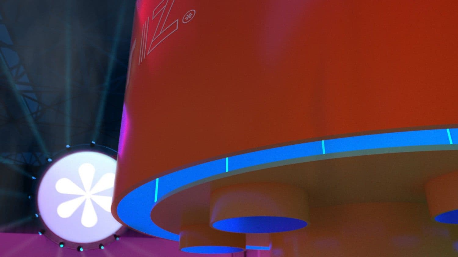Orange curved structure with a glowing white spherical light and a blue neon ring.