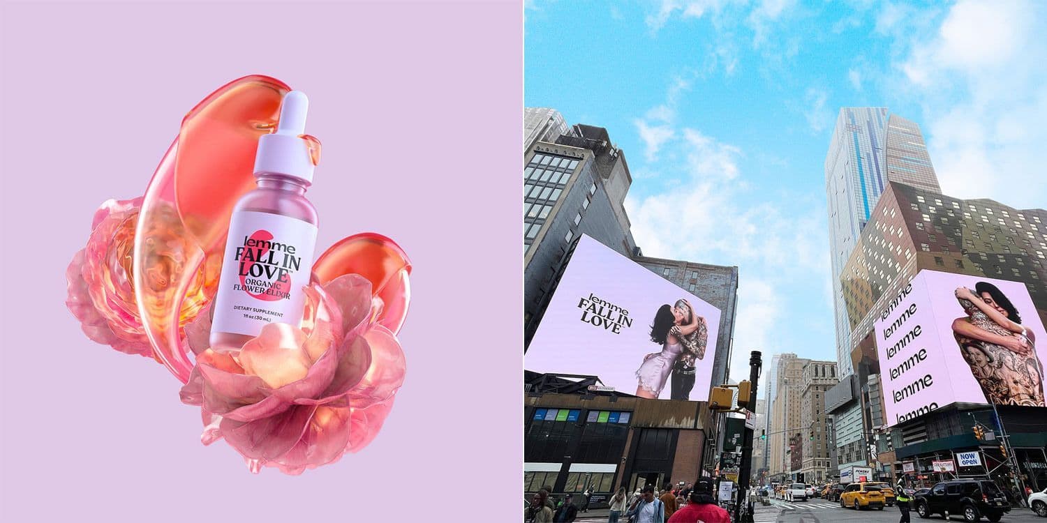 Abstract coral splash illustration beside a photo of a Lemme billboard in a city square.