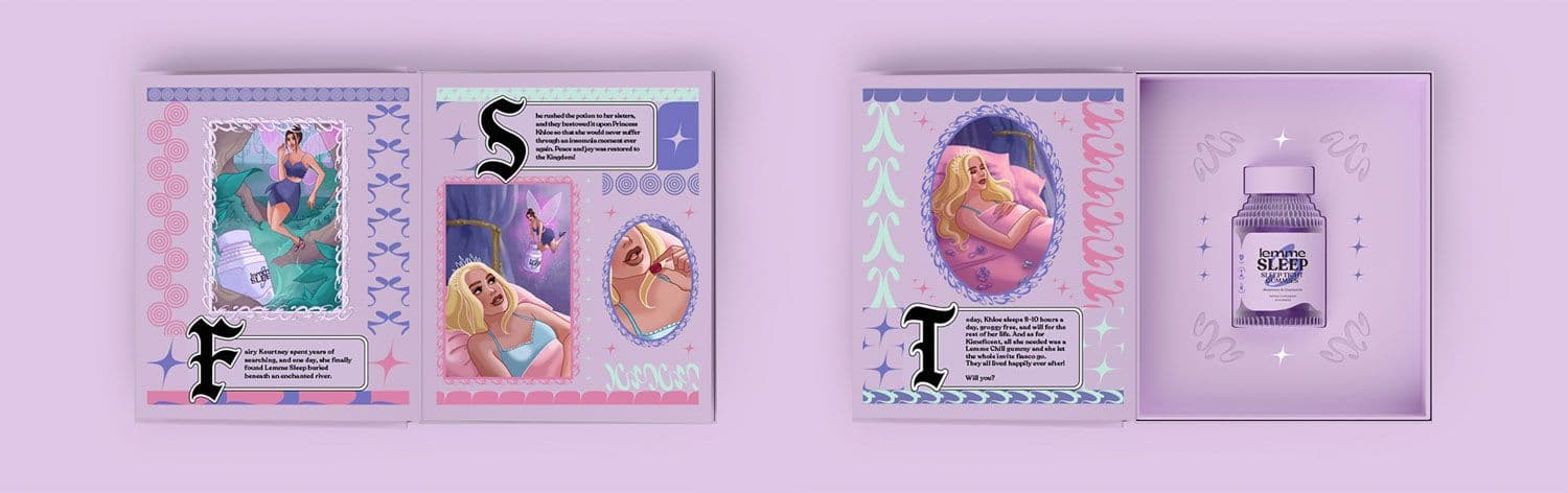 Two tarot-style branded cards labeled "F" and "S" with illustrated figures and a Lemme bottle.