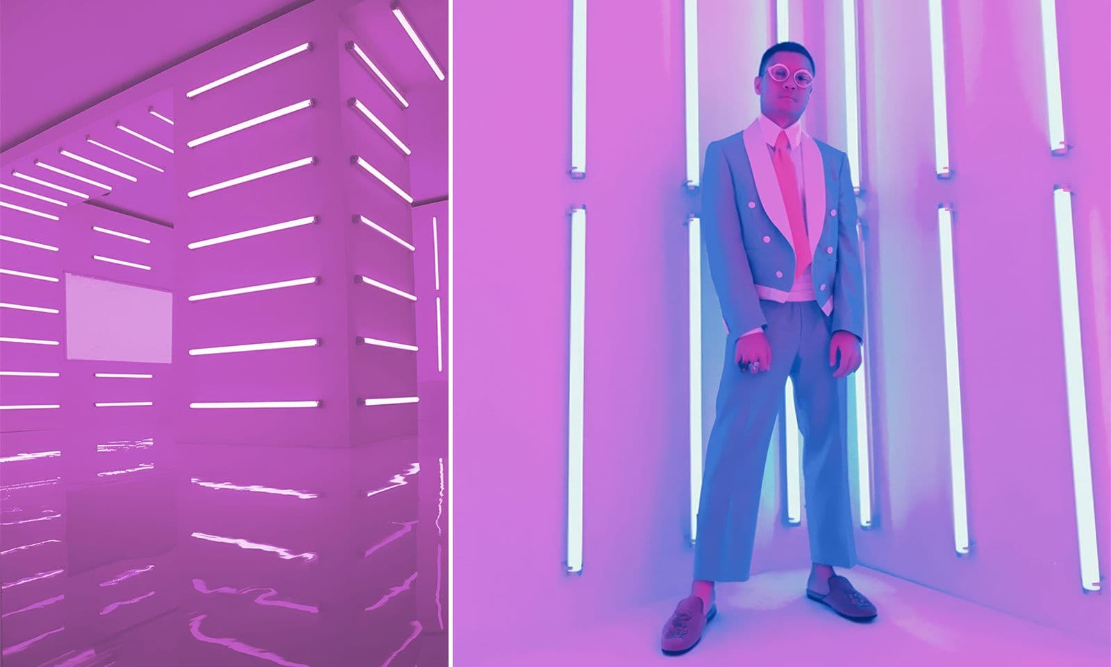 Split view: a lavender neon room beside a person in a blue suit standing against pink vertical neon tubes.