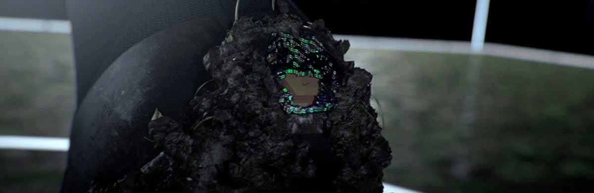 Close-up of a dark bumpy textured object with an iridescent green ring detail