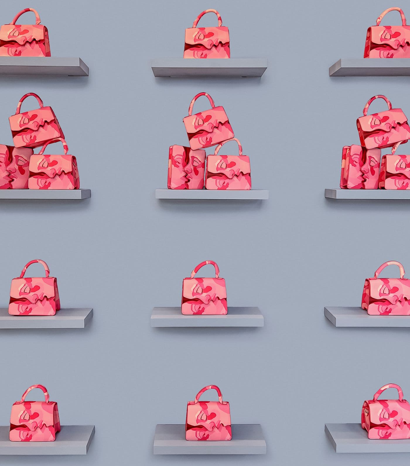 Wall display of identical pink handbags arranged in rows on grid shelving