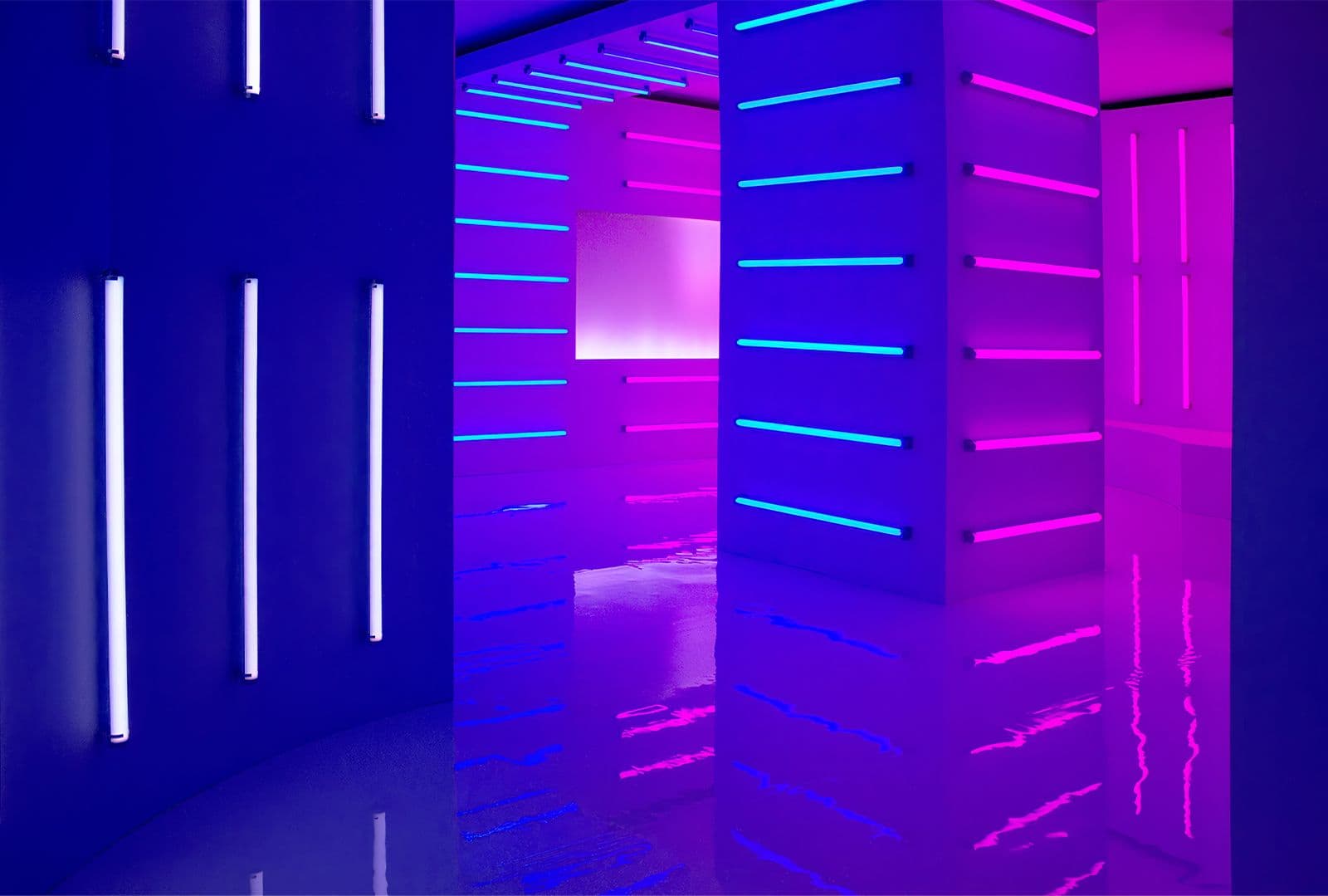 Corner of the installation glowing deep blue and magenta with vertical and dashed neon lines.