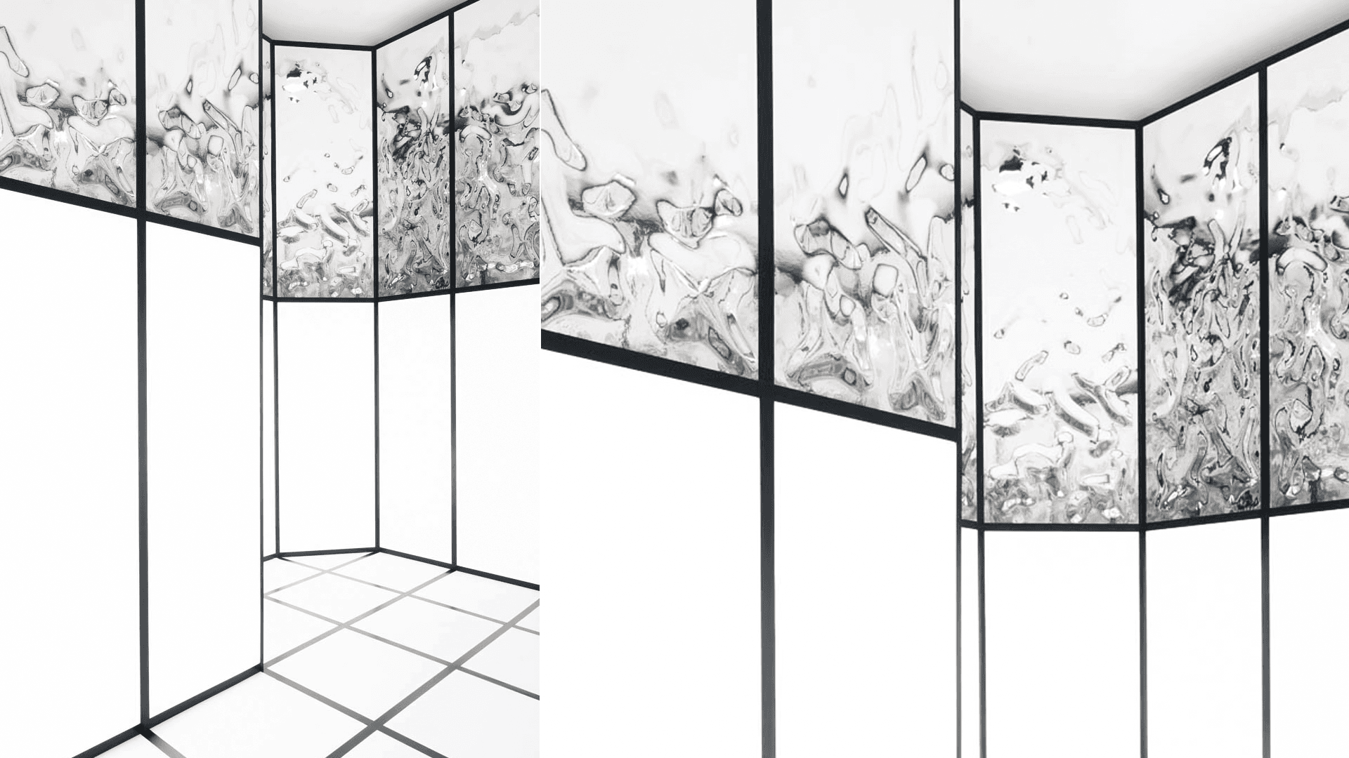 Black-framed corridor lined with illuminated glass panels bearing an abstract marbled ink pattern.