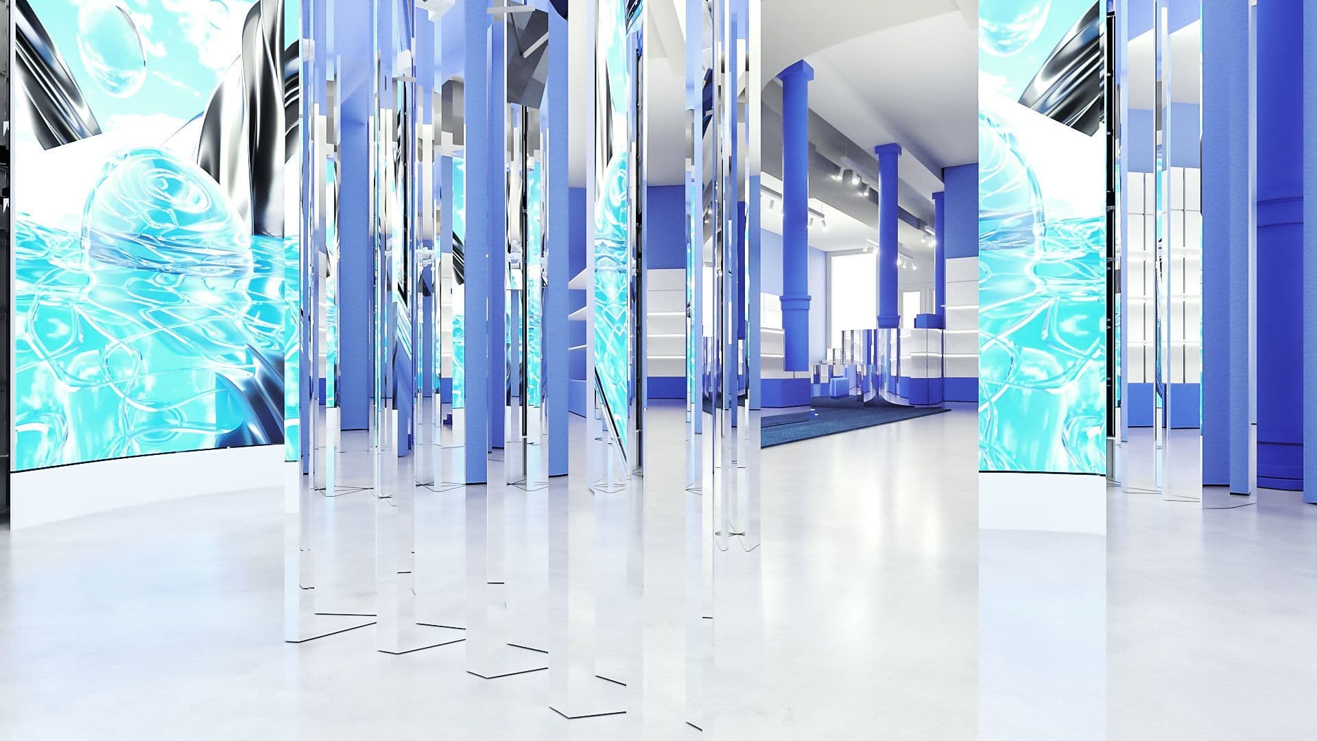 Empty mirrored corridor with turquoise abstract graphic wall panels reflected down a store aisle.