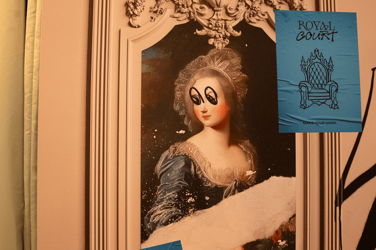 A classical portrait painting altered with cartoonish oversized eyes, hung beside a blue "Royal Court" flyer.