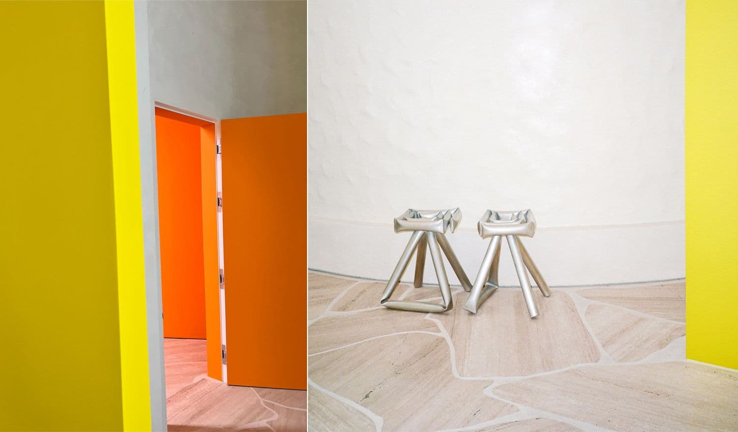 Split image of a yellow wall with an open orange door beside three angular stools on a marble floor