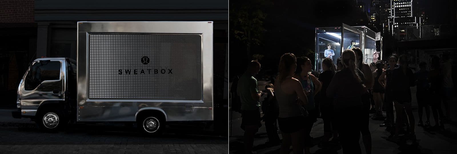 Split image of the truck's illuminated 'Sweatbox' side panel and a crowd gathered beside it at night