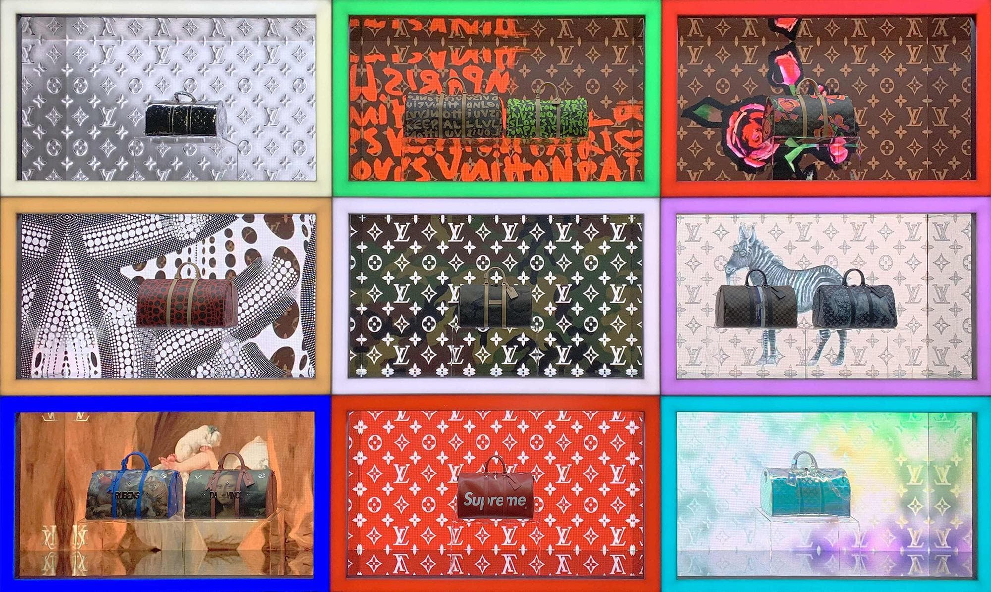 Grid of framed close-up photographs of Louis Vuitton bag details and patterns in colorful borders.