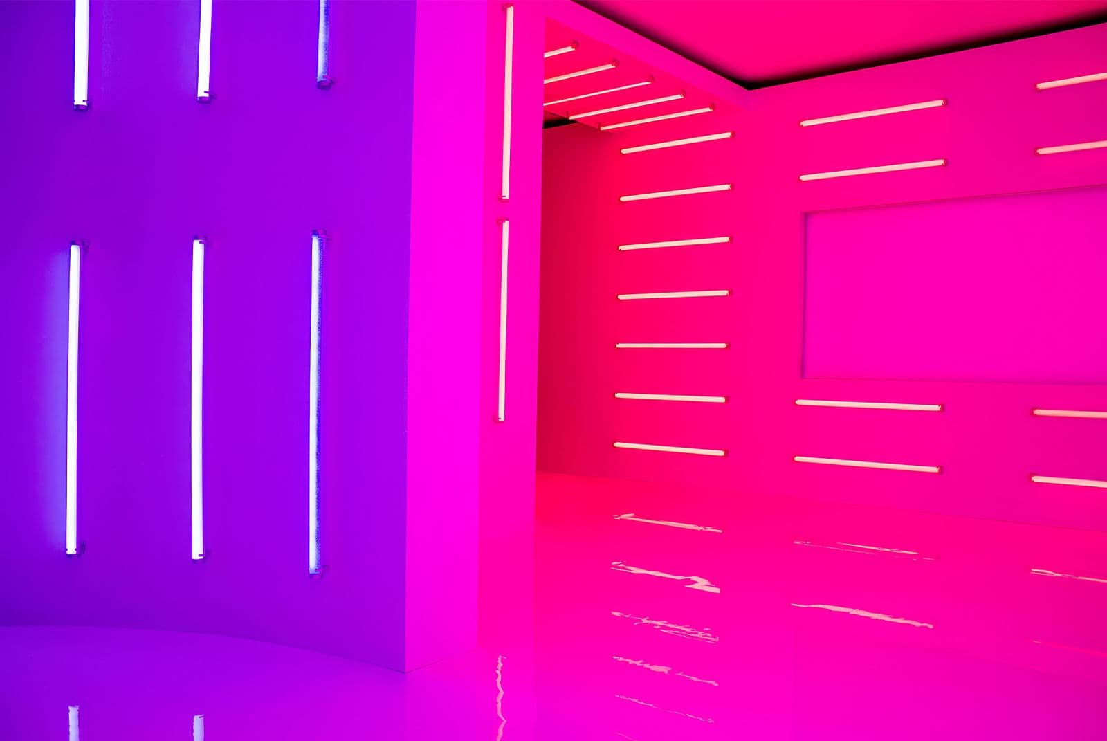 Magenta and pink corner of the room lined with vertical and horizontal neon tubes.