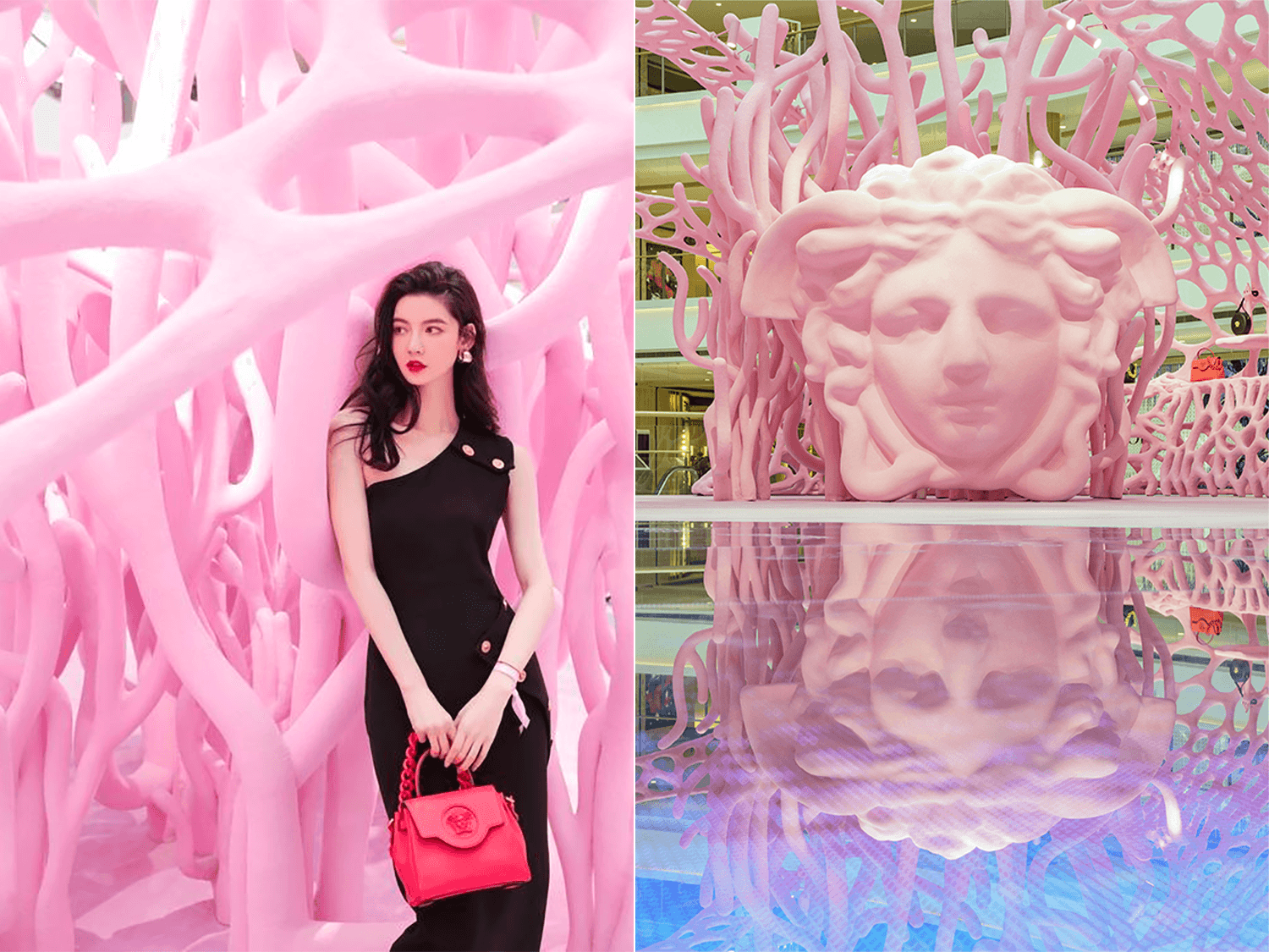 Two side-by-side photos: a woman in a black one-shoulder dress holding a red handbag stands among pink coral branches, and a poolside reflection shows the pink Medusa head sculpture surrounded by coral branches.