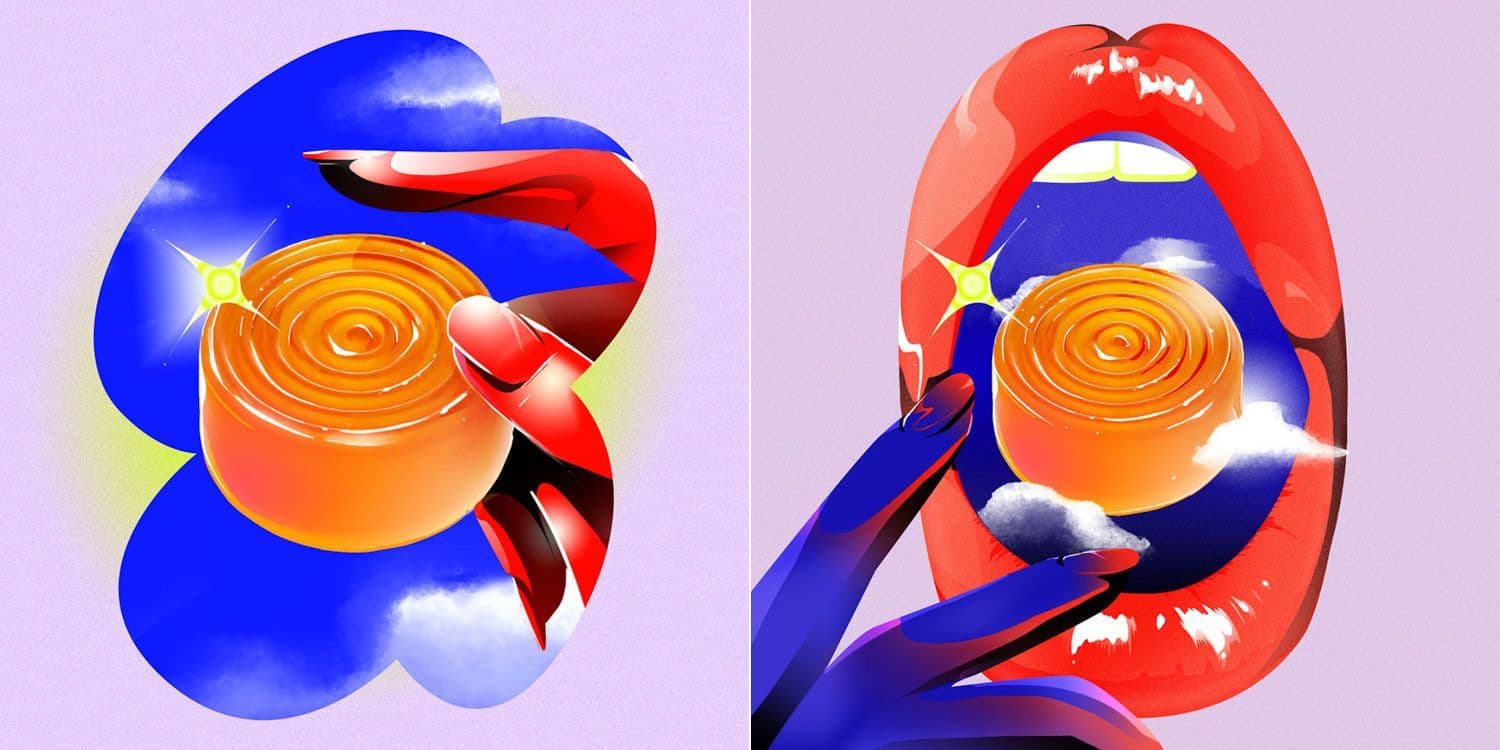 Abstract illustration of orange and blue swirl shapes beside a stylized red lips graphic.