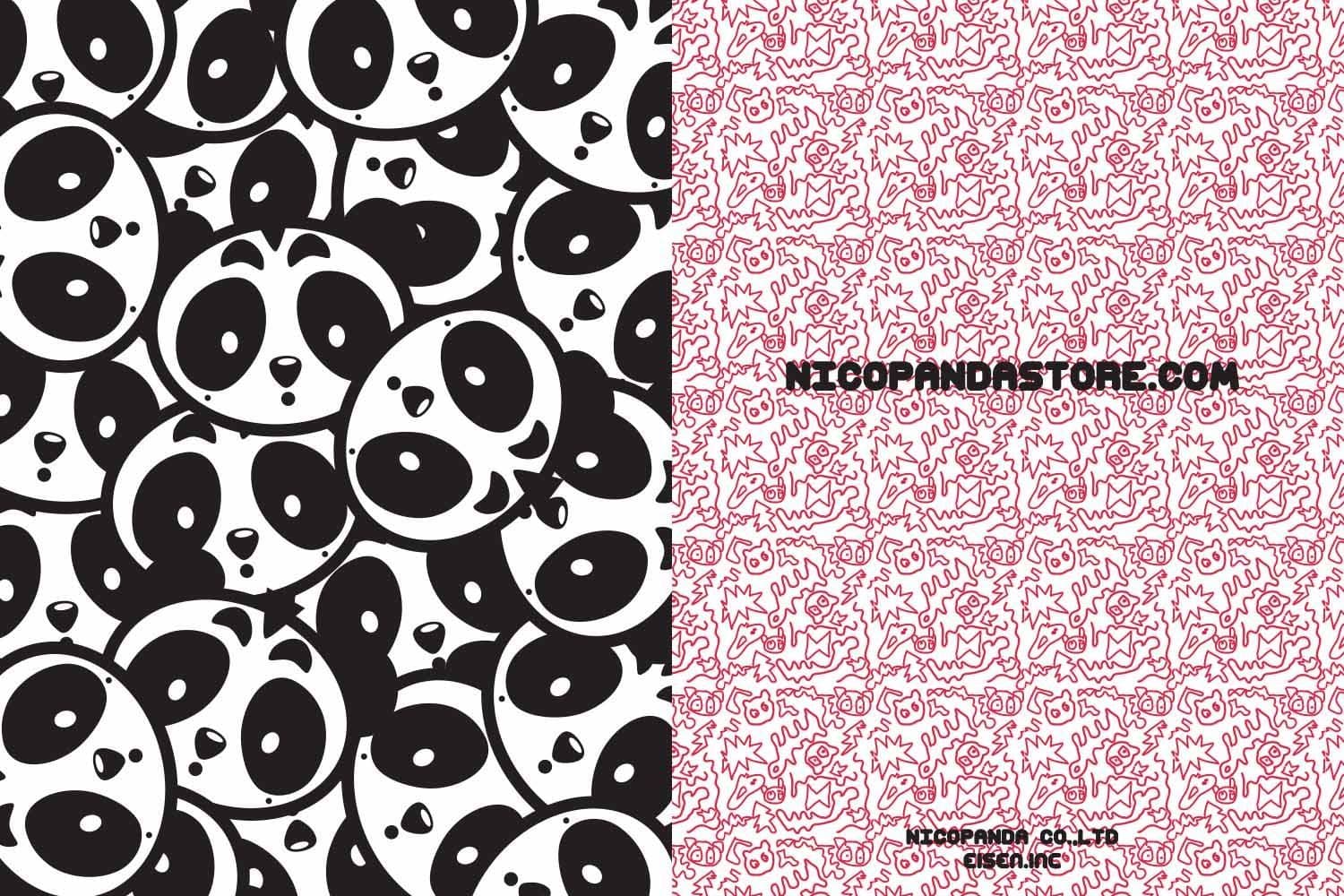 Split image of a black panda-print fabric pattern next to a pink panda-print pattern with "NICOPANDASTORE.COM" printed on it.