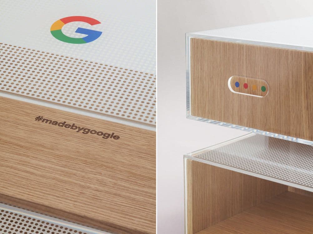 Split view of a box corner with the multicolor Google 'G' logo and wood-grain speaker grille printed with '#madebygoogle'.
