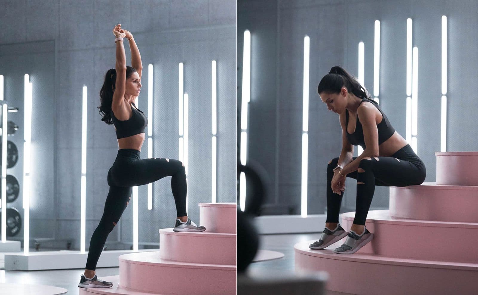 Split image of a woman stretching with arms raised overhead and crouching on pink steps, both against a backdrop of vertical LED light tubes.