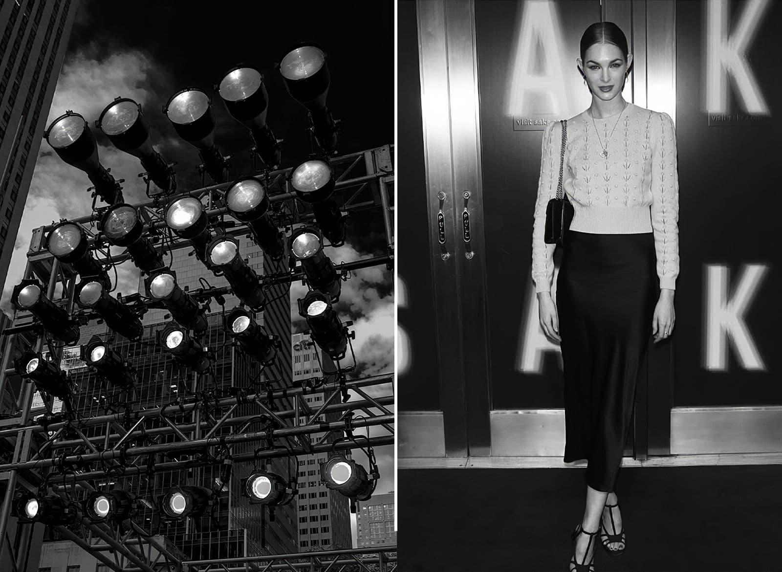Black-and-white split view: stacked stage lights beside a model in a white top and dark skirt near 'saks' signage.