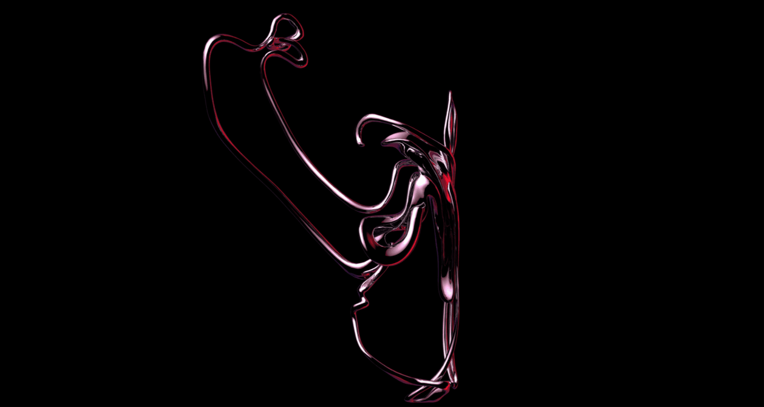 Abstract dark red and pink glass-like sculptural form against a black background