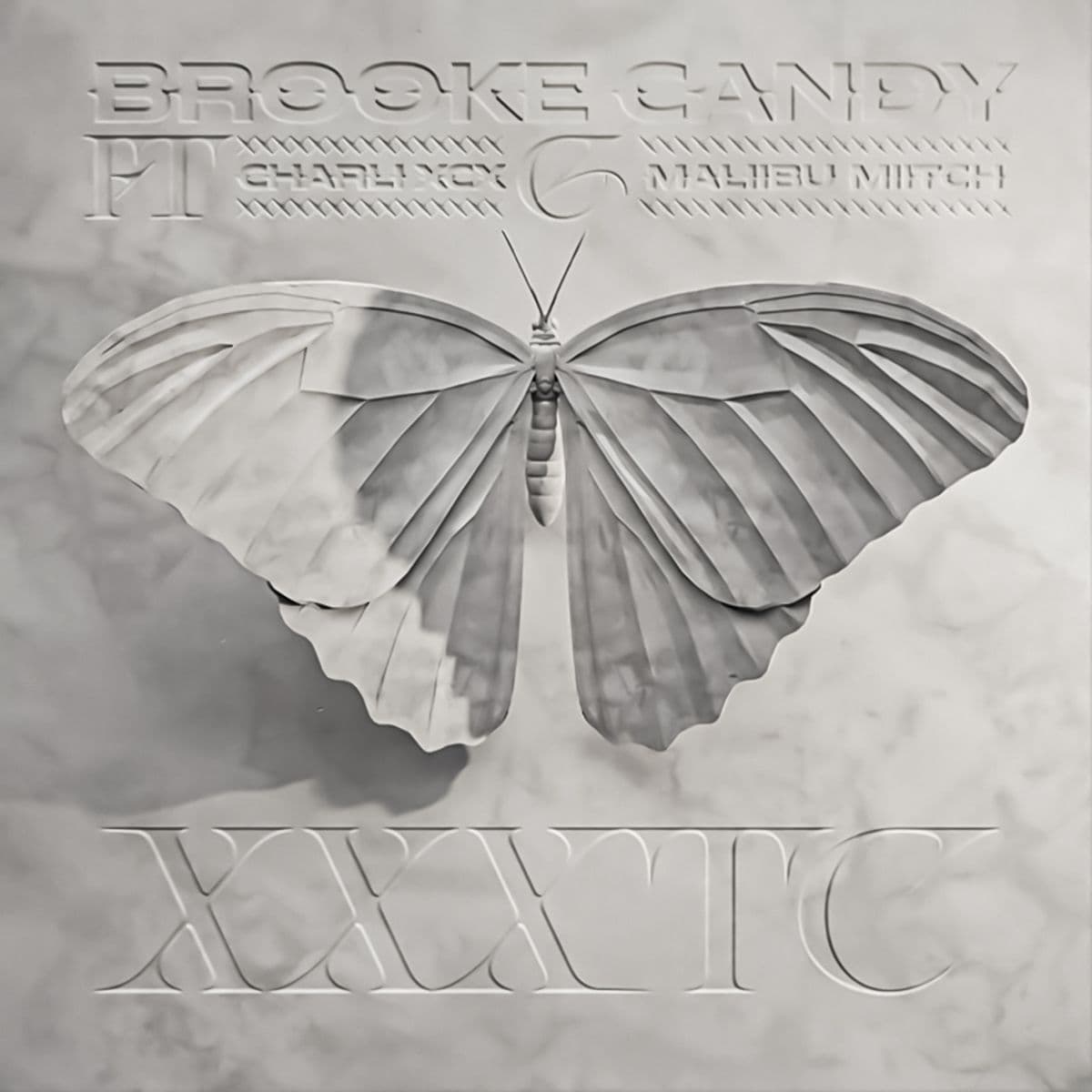 Grey album cover art with an embossed butterfly illustration, the credit "Brooke Candy ft. Charli XCX, Maliibu Miitch", and the title "XXXTC".