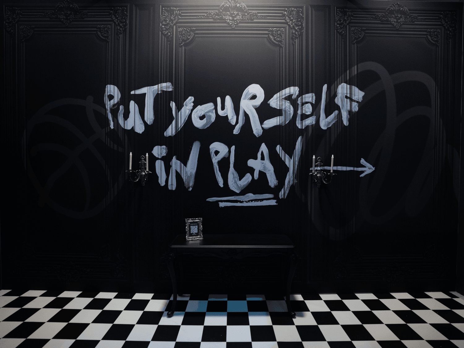 A person sprays a can of paint at a gold-framed digital screen showing a tagged portrait during an augmented graffiti activation.