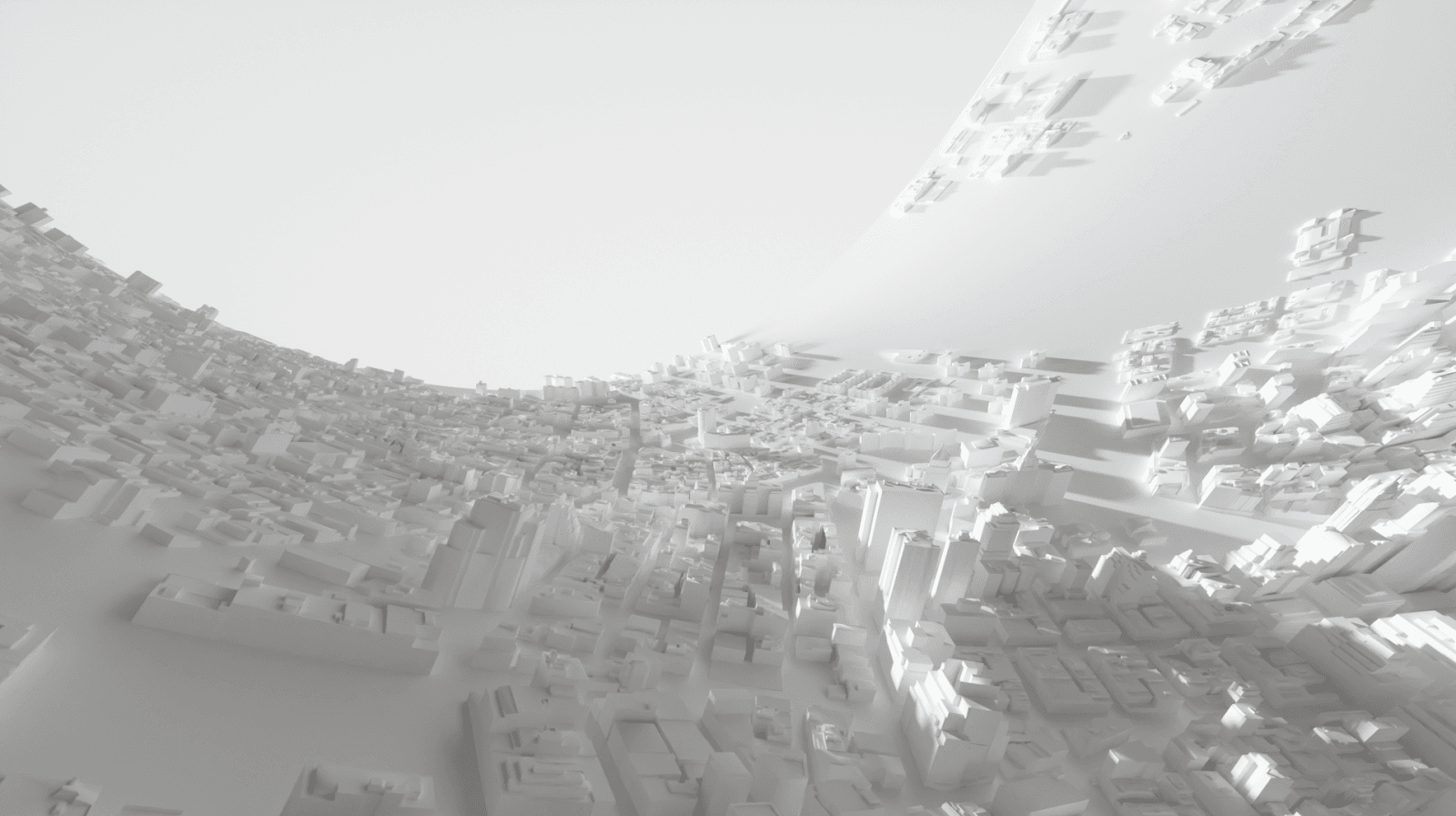 Overhead 3D render of dense white city buildings curving over the horizon.