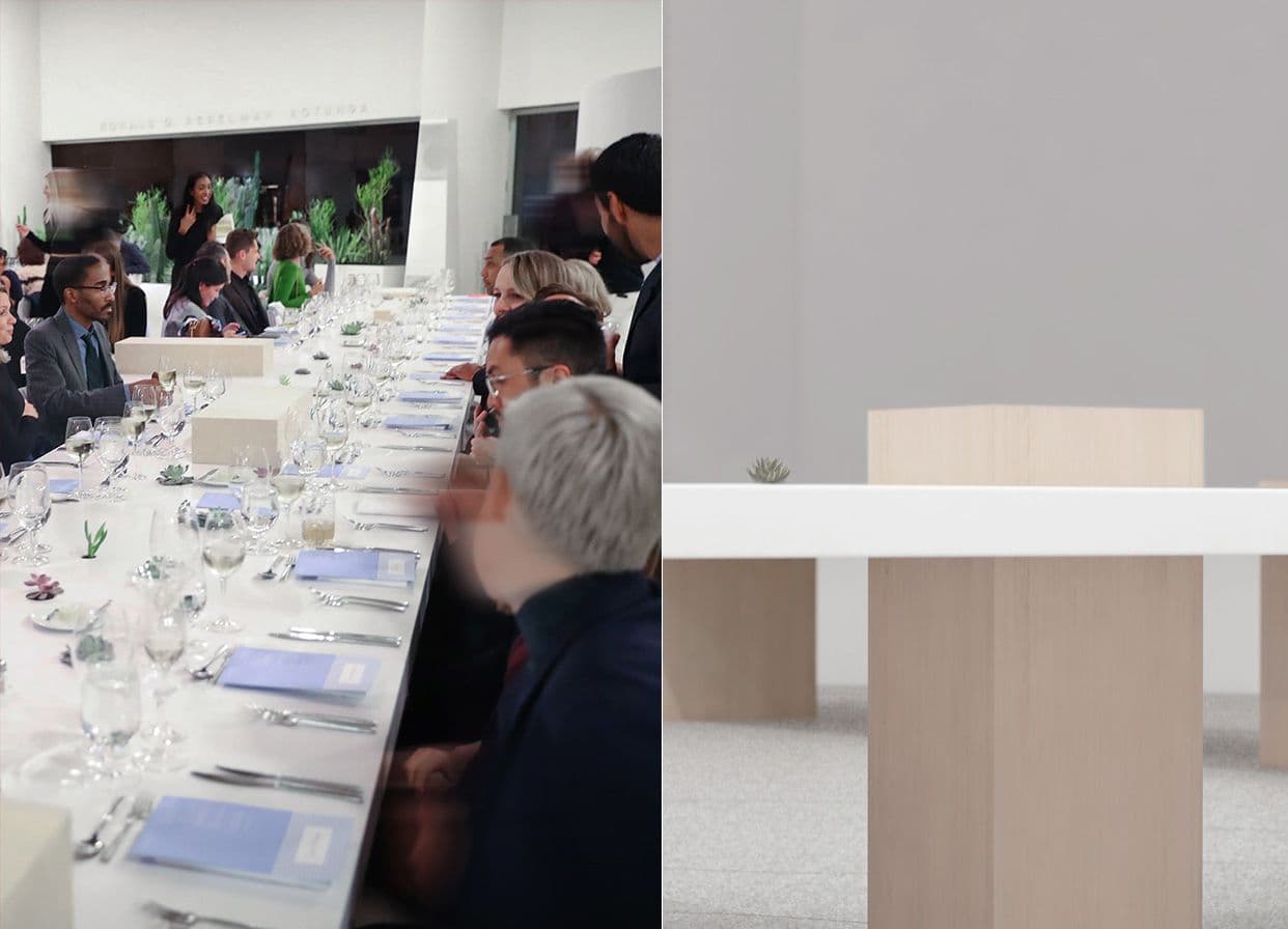 Split image of guests seated at a long dinner table beside a plain wood pedestal display