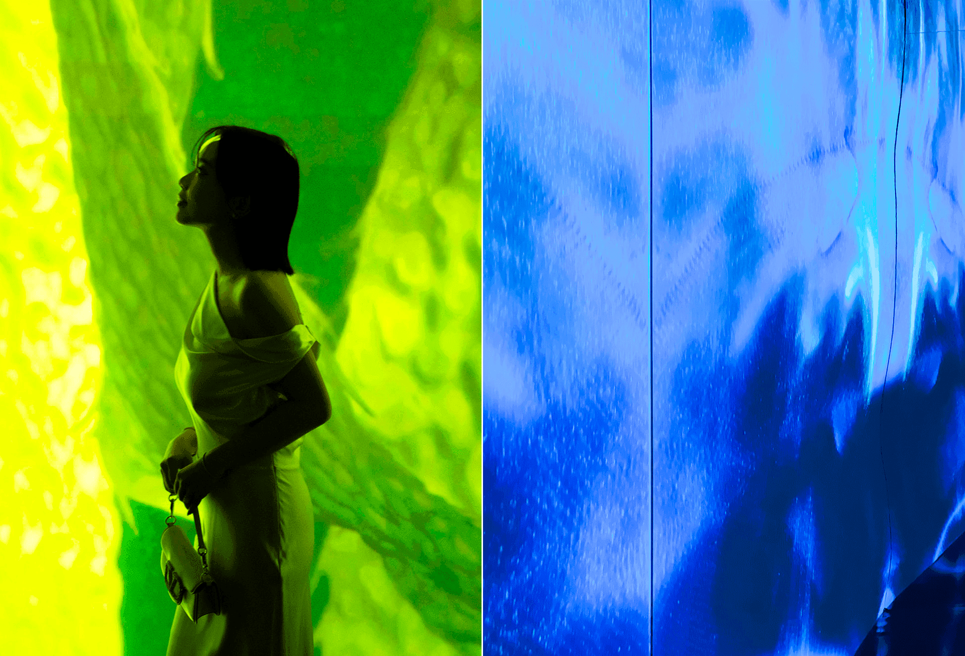 Split image of a green textured wall on the left and a silhouetted figure against a rippling blue wall on the right.