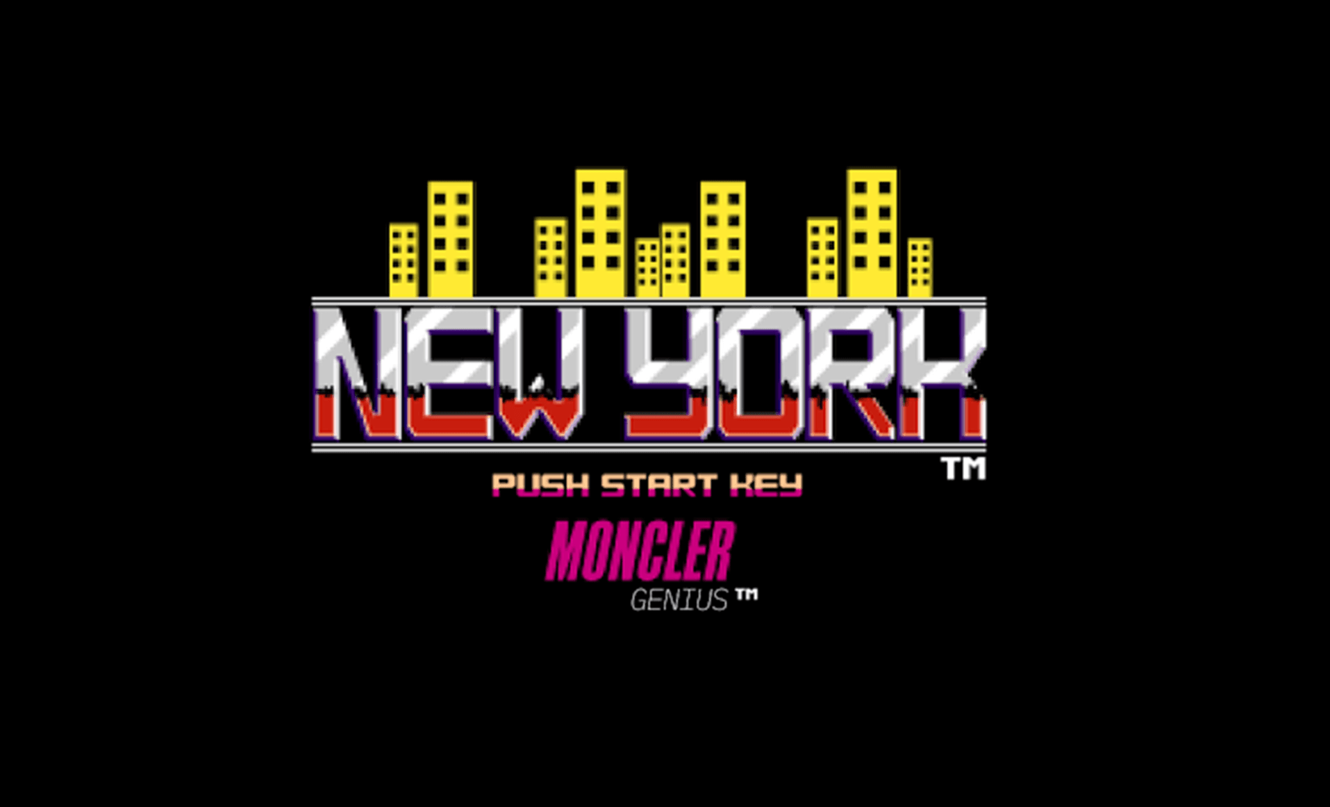 Retro arcade-style title screen reading NEW YORK with the Moncler Genius logo below.
